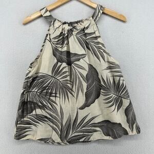 TAHARI Top S 100% Linen Tropical Palm Leaves Print Sleeveless Halter Off White